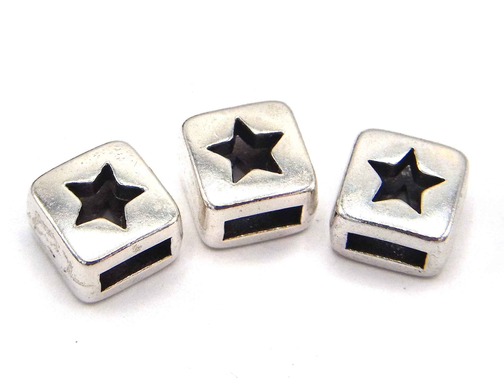 3 x Metallperle, Slider, Schiebeperle  für 5 mm breites Band, Quadrat mit Stern, versilbert<br />1,20 €