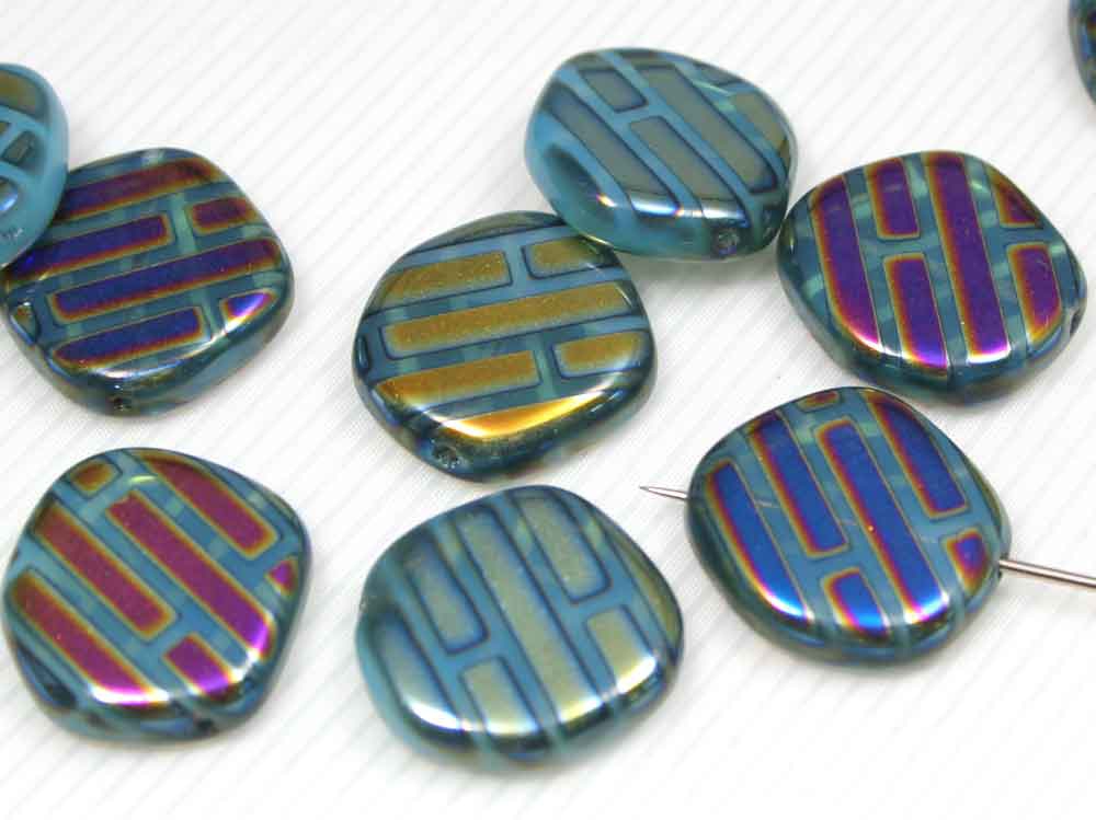 6 x Böhmische Glasperlen, Scheibe 20 mm, aqua mit Metallic-Veredlung<br />1,60 €