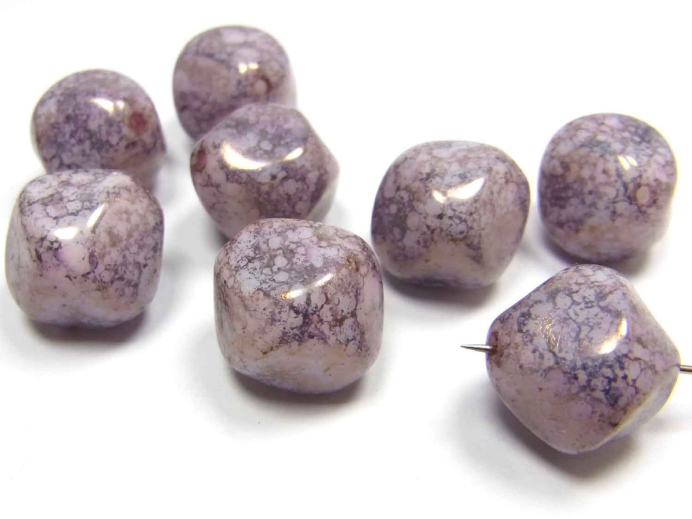 Bild 1 von 10 x Böhmische Glasperlen, große Nuggets, 16 mm, weiß -lila marmoriert